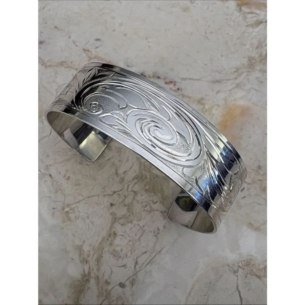 Handcrafted Sterling Silver Engraved Wide Cuff Bracelet | Scroll Design | 29.3g
